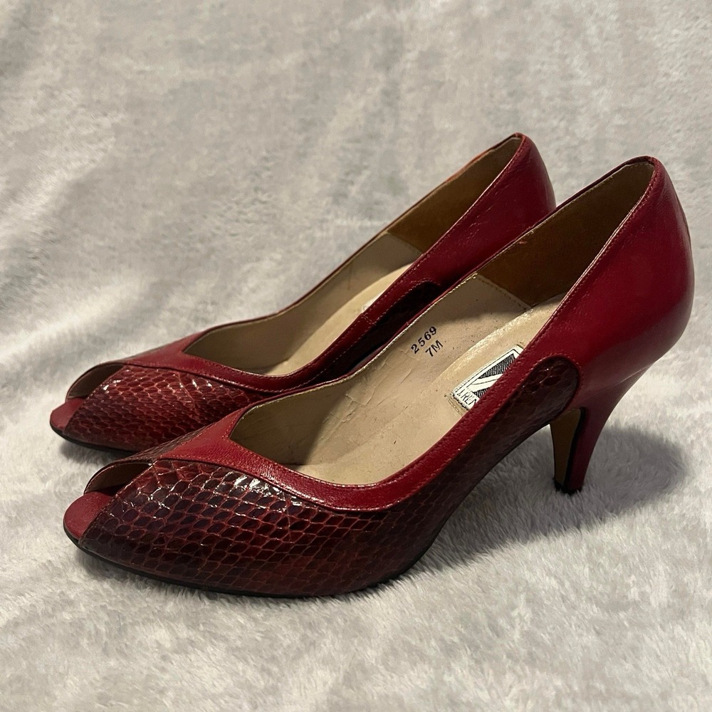 J Renee Luxe Red Genuine Snakeskin Peep Toe Heel Pump Women's 7M Vintage EUC